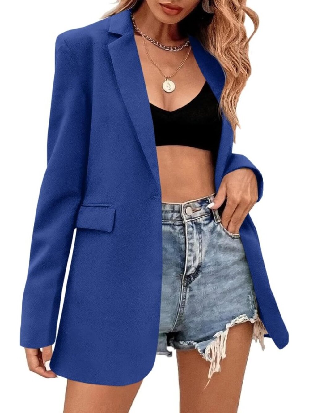 🆕Women's Royal Blue Loose Fit Single Button Blazer Long Sleeve Office Suit Coat
